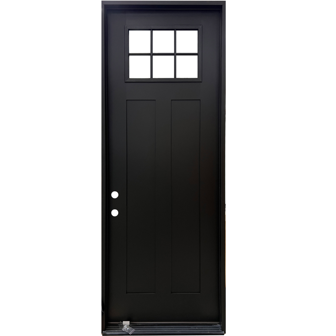 8' 6 Lite Craftsman Single Right Hand Fiberglass Prehung Door in Black Prior Creek