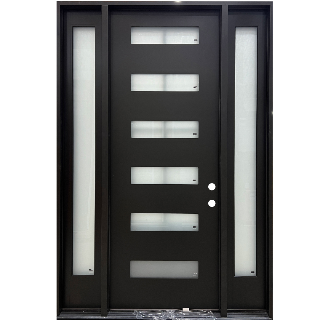 8' 6 Lite Horizontal 1-3-1 Left Hand Fiberglass Prehung Door in Black Prior Creek