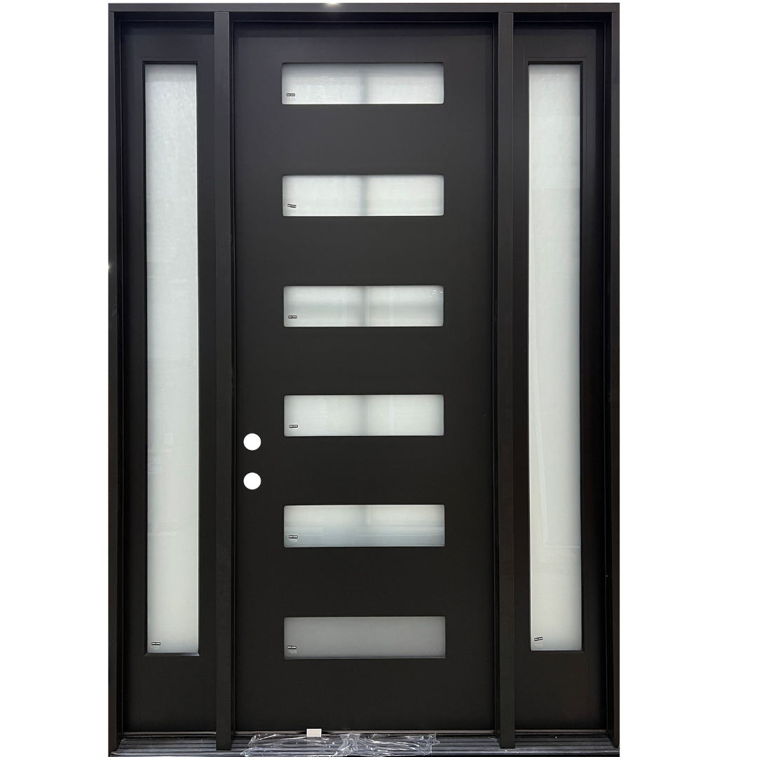 8' 6 Lite Horizontal 1-3-1 Right Hand Fiberglass Prehung Door in Black Prior Creek