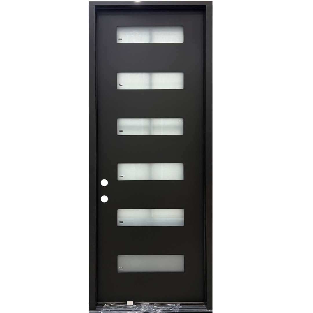 8' 6 Lite Horizontal Single Right Hand Fiberglass Prehung Door in Black Prior Creek