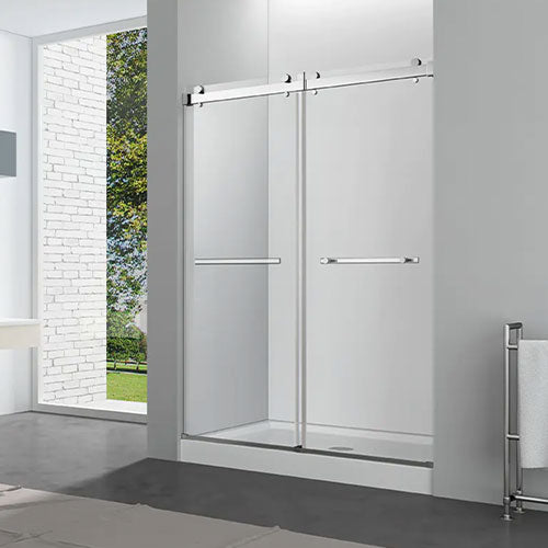 Prior Creek 60″ x 76″ Brushed Nickel Clear Glass Shower Door Shower Door Ningbo Waltmal Sanitary Wares Co., LTD