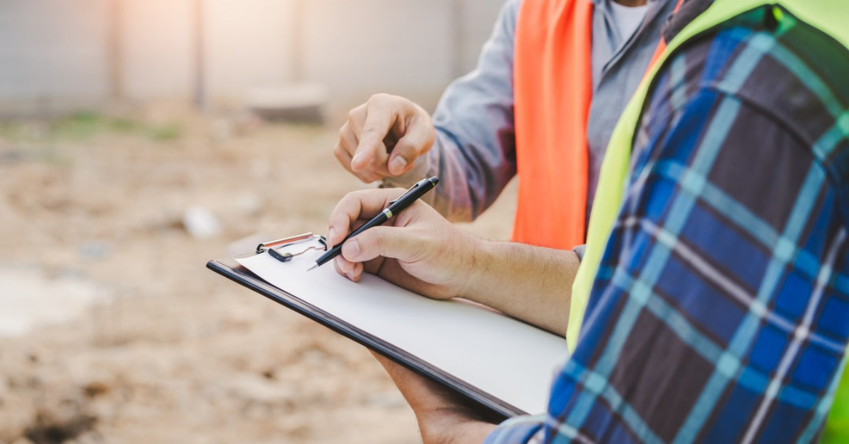 Two construction workers wearing safety vests standing on a job site. One holds a clipboard and pen.