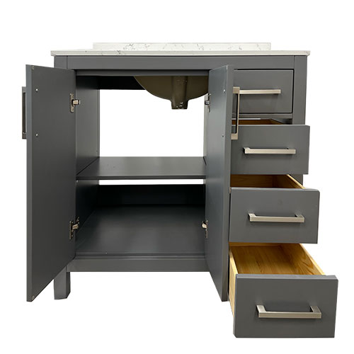 36" grey astoria vanity open drawers and doors