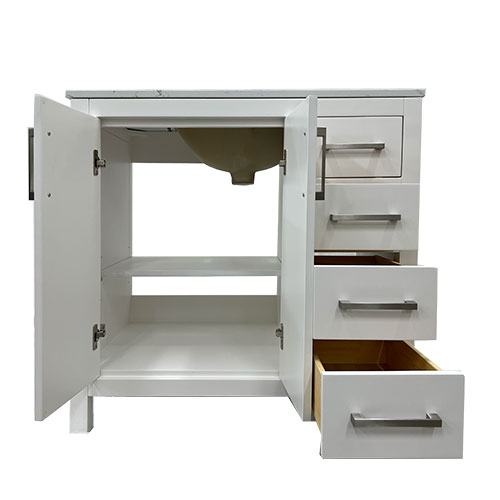 36" white astoria vanity open drawers and doors