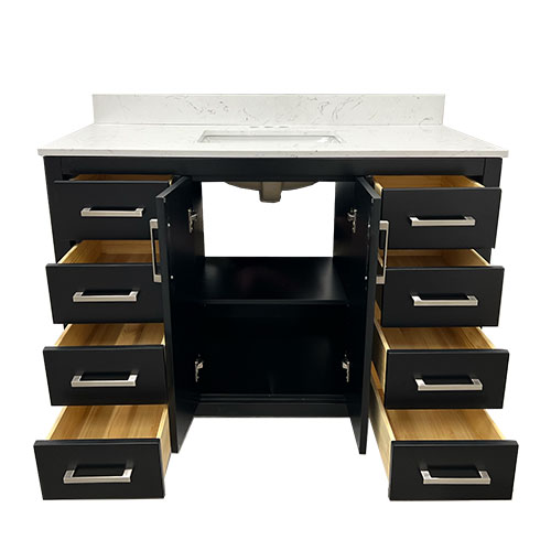 48" black astoria vanity open drawers and doors