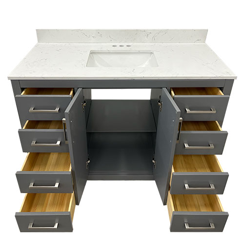 48" grey astoria vanity open drawers and doors
