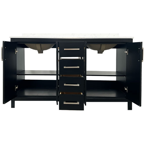 60" black astoria vanity open drawers and doors