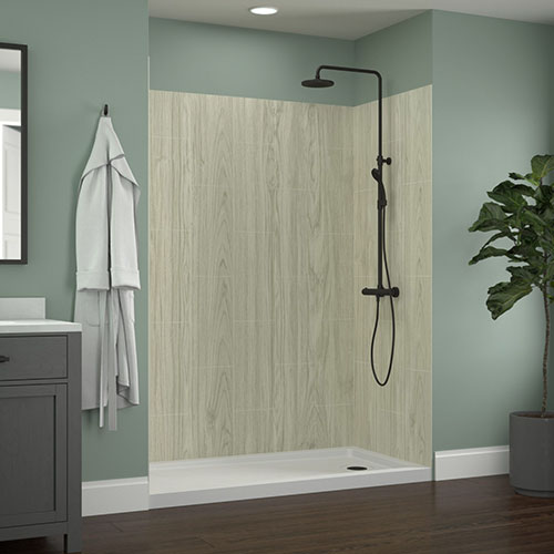 jetcoat 60" 5 piece adhesive alcove shower surround in driftwood