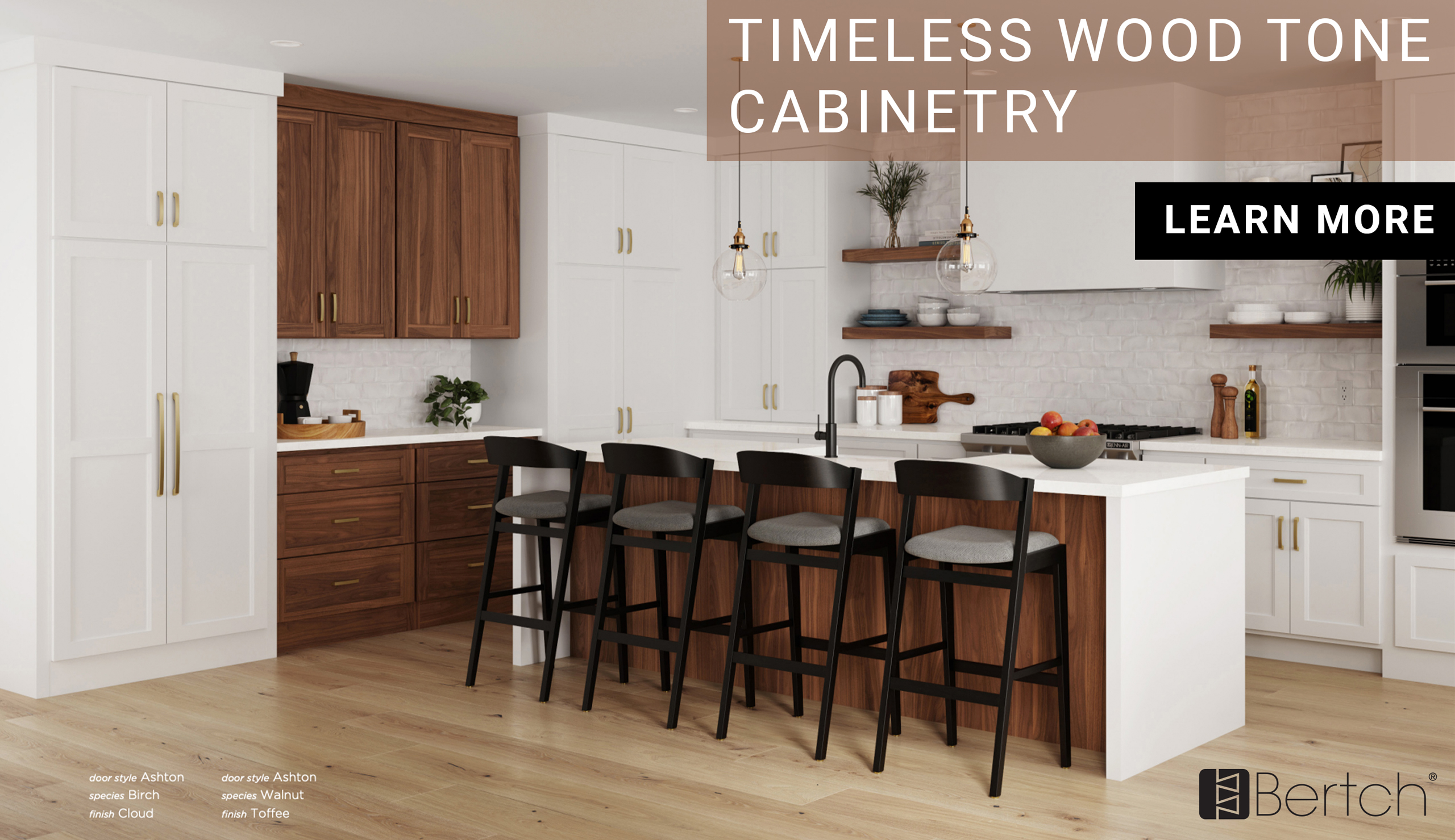 walnut wood cabinetry, shaker white cabinets, two toned kitchen cabinets
